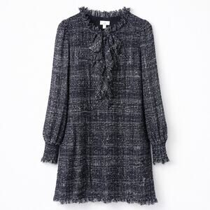 Milly Silk Ruffle Detail Long Sleeve Lined Pearl Sleeve Dress Black White 10